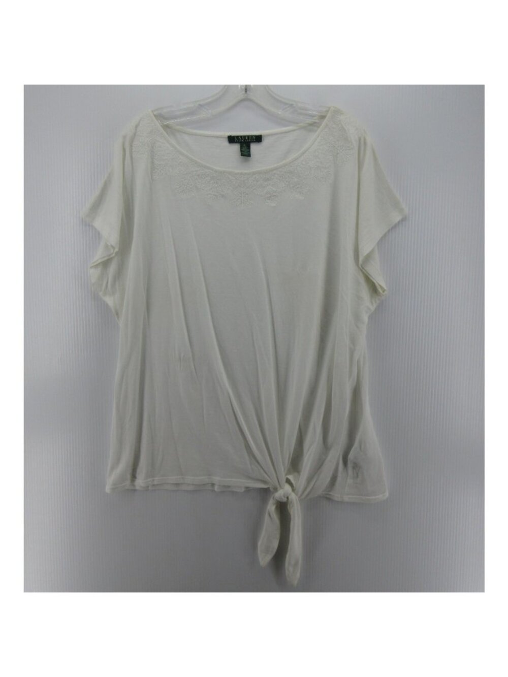 Lauren Ralph Lauren Top XL Blouse Front Tie Embroidered Pullover *